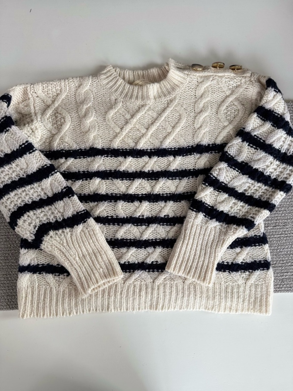 SEZANE James Navy Blue Ivory Striped Cable Knit Button Shoulder Sweater Sz Small - Picture 9 of 10